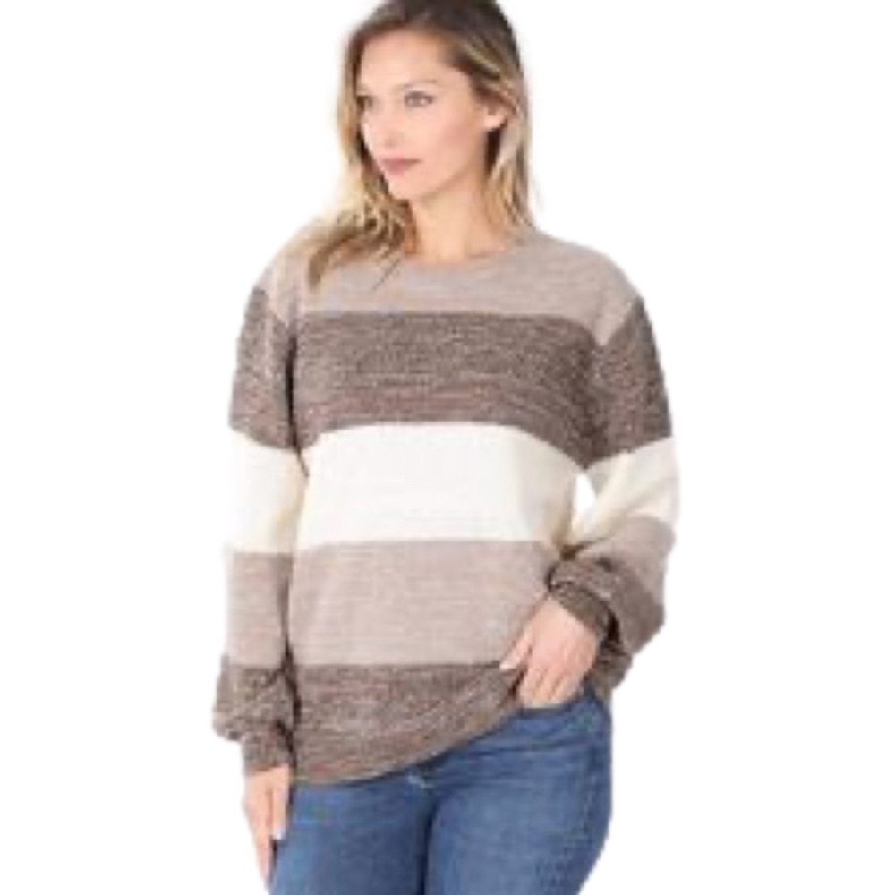 Colorblock Mocha Brown White Striped Oversized‎ Knitted Pullover Sweater Large